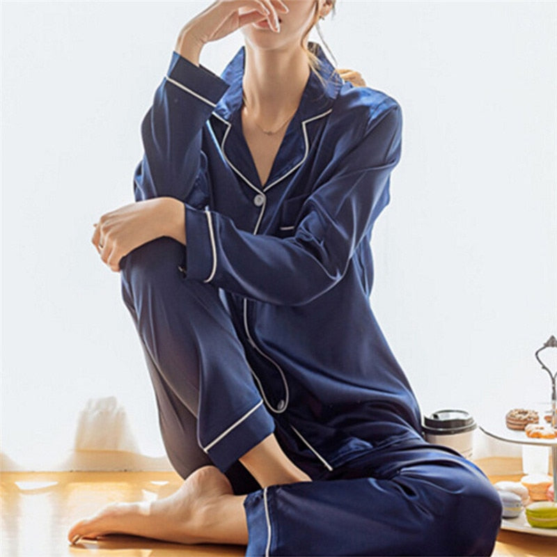 2 Piece Set Loungewear Womens Silk Satin Pajamas
