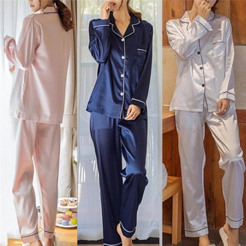2 Piece Set Loungewear Womens Silk Satin Pajamas